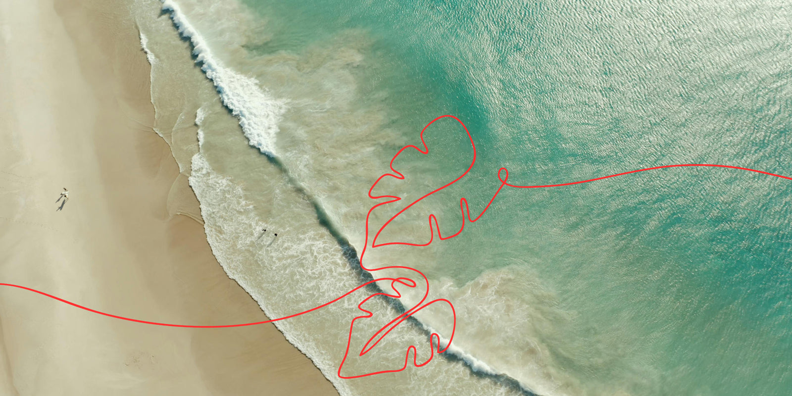 A birds eye view of a beach, half sand and half waves. You can see people, from above, walking on the beach. There is an orange graphic element of a line overlaying the image from left to right.
