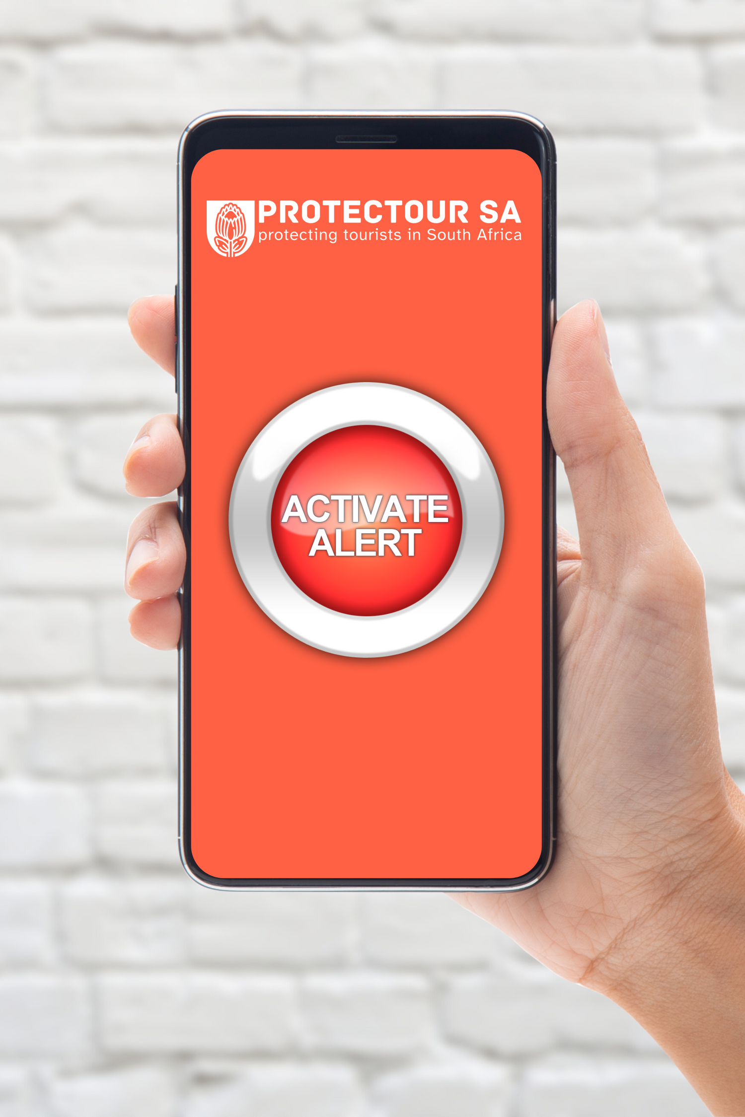 A feminine hand holding a smartphone with the screen on, showing the ProtecTour SA web-app. In the middle of the screen there is a bright orange button that says, "ACTIVATE ALERT".