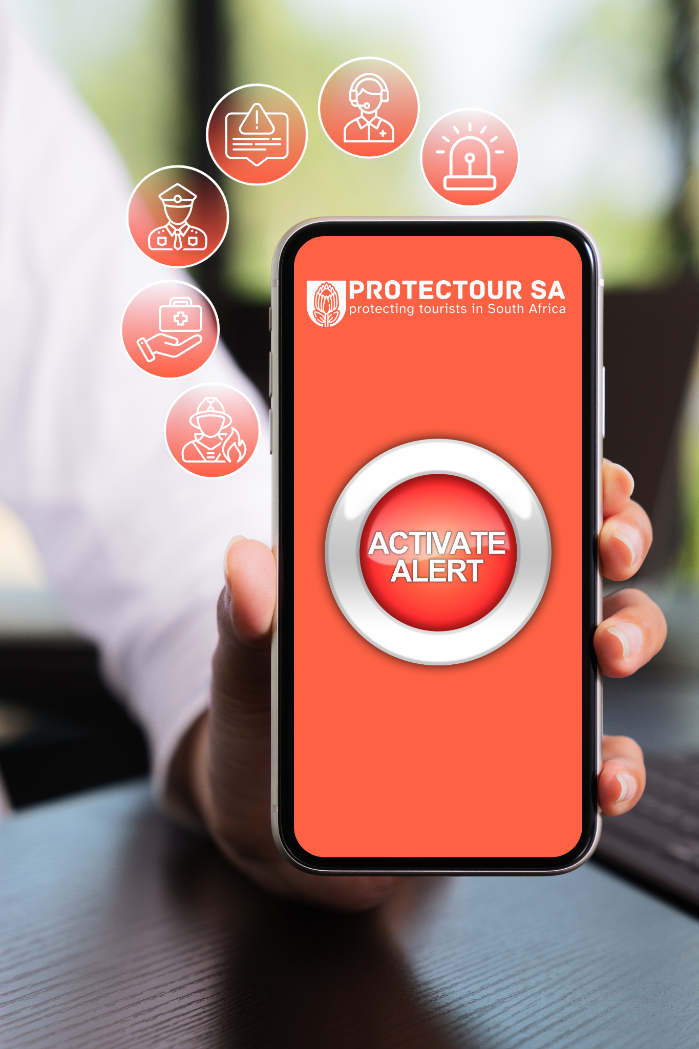 A feminine hand holding a smartphone with the screen on, showing the ProtecTour SA web-app. In the middle of the screen there is a bright orange button that says, "ACTIVATE ALERT". Above the phone, to the left, are six graphic elements fetauring symbols that are relevant to emergency services. These symbols onclude a flshing light, a call centre employee, a policeman, a medical bag, a firefighter, and a caution sign.