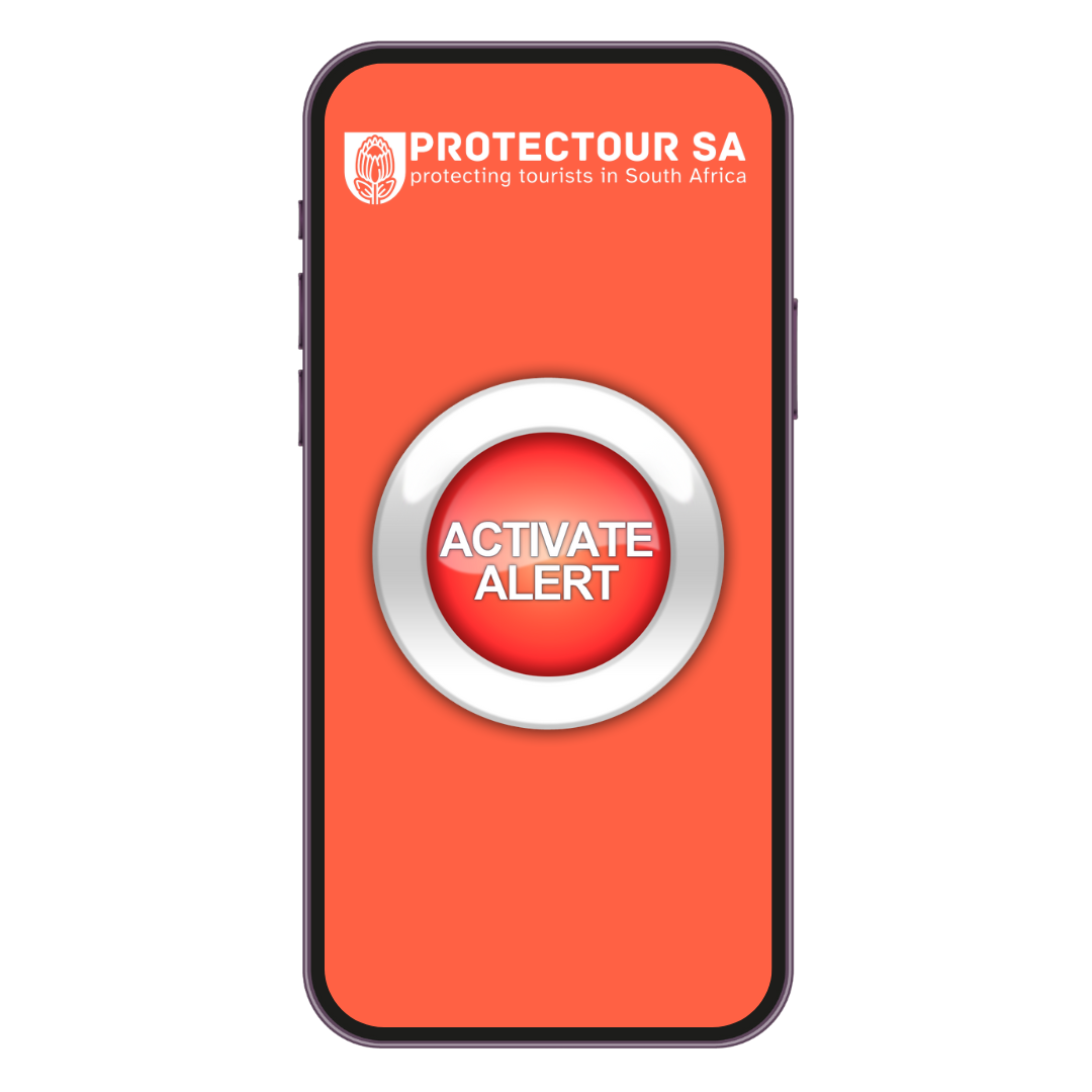 A smartphone with the screen on, showing the ProtecTour SA web-app. In the middle of the screen there is a bright orange button that says, "ACTIVATE ALERT".