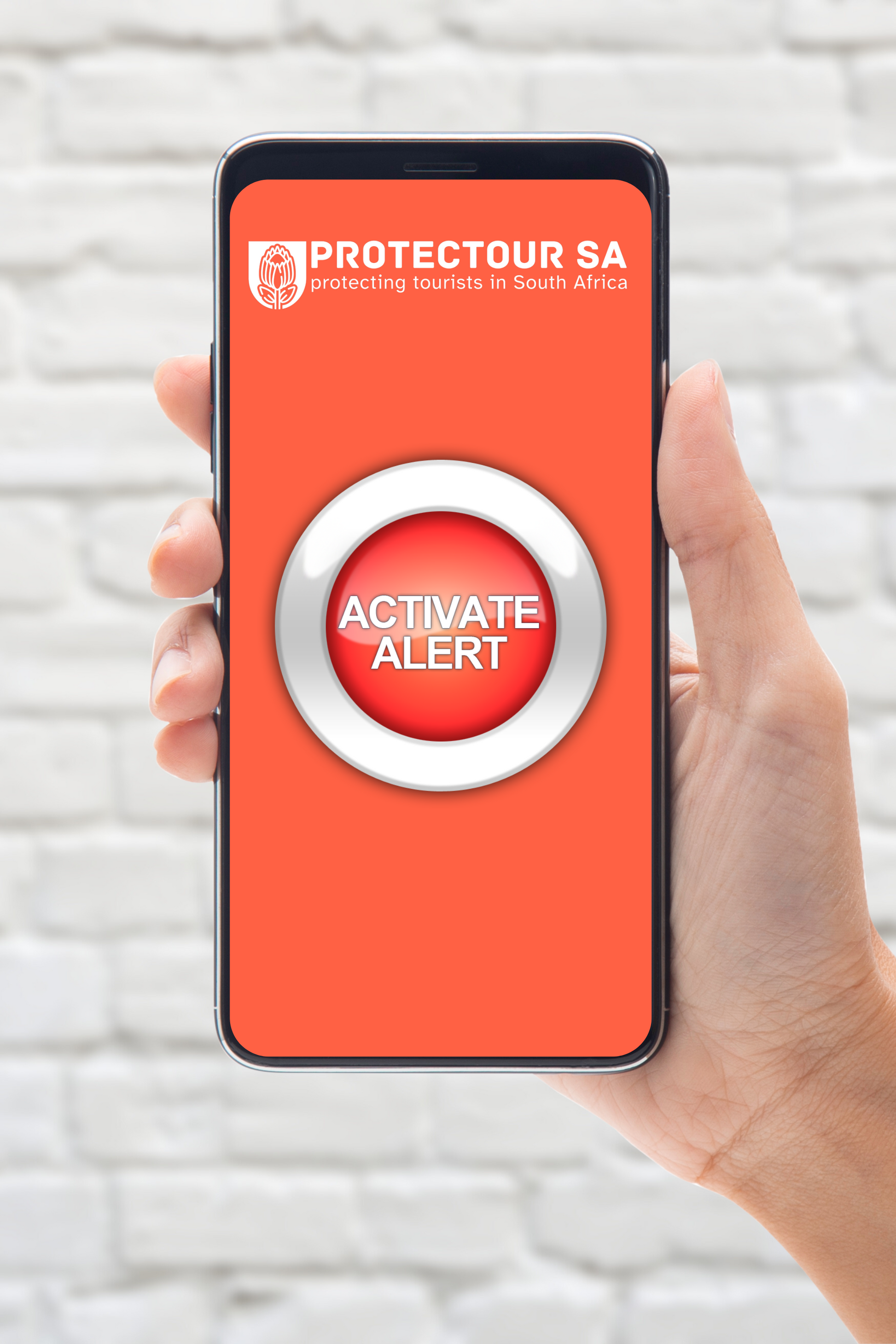 A feminine hand holding a smartphone with the screen on, showing the ProtecTour SA web-app. In the middle of the screen there is a bright orange button that says, "ACTIVATE ALERT". 
